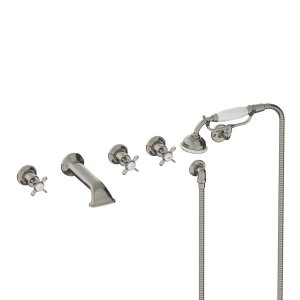 Lefroy Brooks Classic Bateria wannowa 5-otworowa ścienna z zestawem prysznicowym oraz uchwytem Silver Nickel LB1247NK