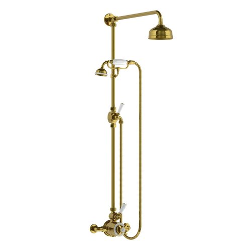Lefroy Brooks Classic Bateria natryskowa termostatyczna ścienna z deszczownicą Ø 129 mm i zestawem prysznicowym Polished Brass GD8703PB