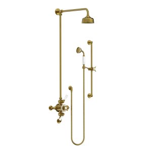 Lefroy Brooks Classic Bateria natryskowa termostatyczna ścienna 2-drożna z deszczownicą Ø 129 mm i zestawem prysznicowym na drążku Antique Gold GD8748AG
