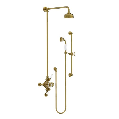 Lefroy Brooks Classic Bateria natryskowa termostatyczna ścienna 2-drożna z deszczownicą Ø 129 mm i zestawem prysznicowym na drążku Antique Gold GD8748AG
