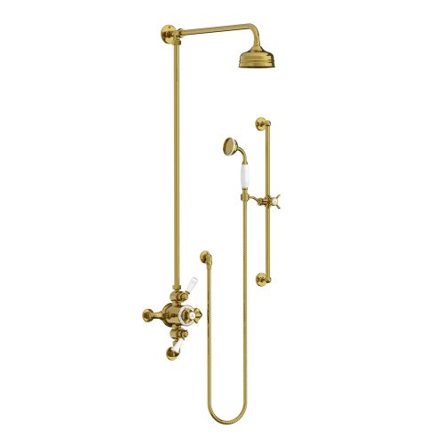 Lefroy Brooks Classic Bateria natryskowa termostatyczna ścienna 2-drożna z deszczownicą Ø 129 mm i zestawem prysznicowym na drążku Polished Brass GD8748PB