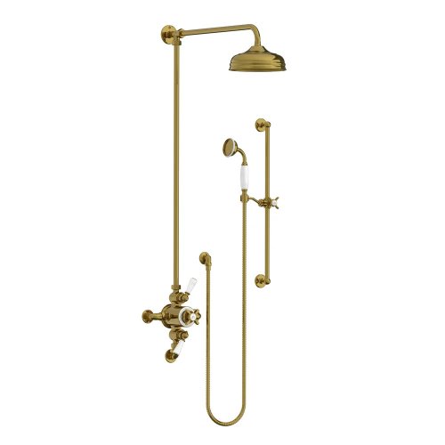 Lefroy Brooks Classic Bateria natryskowa termostatyczna ścienna 2-drożna z deszczownicą Ø 200 mm i zestawem prysznicowym na drążku Antique Gold GD8749AG