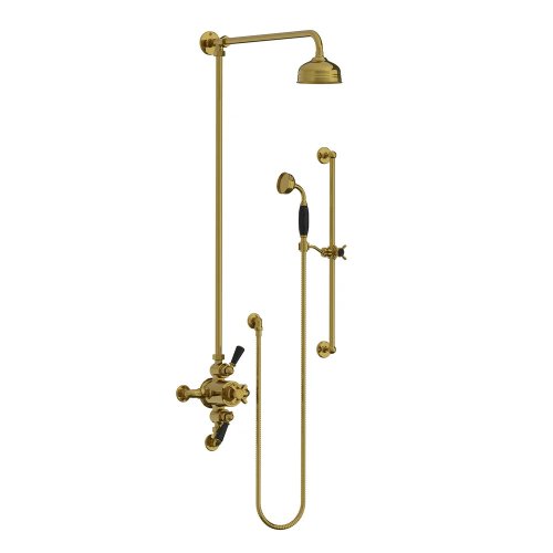 Lefroy Brooks Classic Bateria natryskowa termostatyczna ścienna 2-drożna z deszczownicą Ø 129 mm i zestawem prysznicowym na drążku Antique Gold BL8748AG