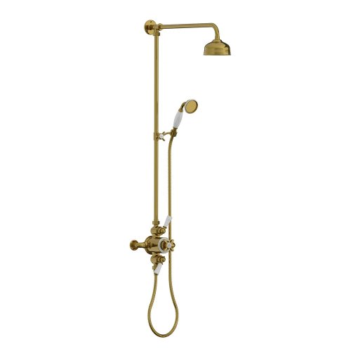 Lefroy Brooks Classic Bateria natryskowa termostatyczna ścienna 2-drożna z deszczownicą Ø 129 mm i zestawem prysznicowym po kolumnie Antique Gold GD8753AG