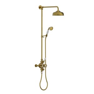  Lefroy Brooks Classic Bateria natryskowa termostatyczna ścienna 2-drożna z deszczownicą Ø 200 mm i zestawem prysznicowym po kolumnie Antique Gold GD8754AG