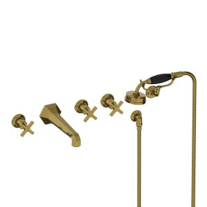 Lefroy Brooks Mackintosh Bateria wannowa 5-otworowa ścienna z zestawem prysznicowym oraz uchwytem Antique Gold MH1247AG