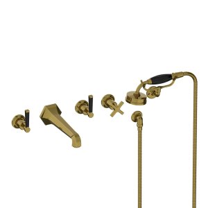 Lefroy Brooks Mackintosh Bateria wannowa 5-otworowa ścienna z zestawem prysznicowym oraz uchwytem Antique Gold MB1247AG