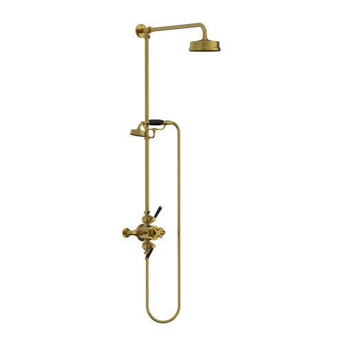 Lefroy Brooks Mackintosh Bateria natryskowa termostatyczna 2-otworowa z deszczownicą Ø 154 mm oraz ze słuchawką na kolumnie Antique Gold MB8741AG